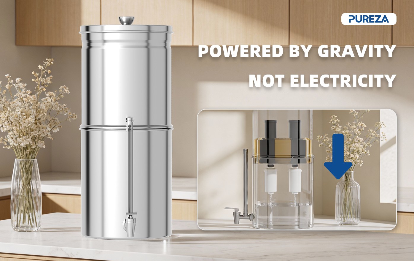 Stainless steel gravity water filter system